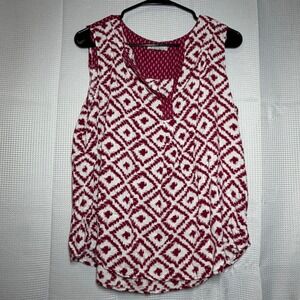 Skies Are Blue Sleeveless Blouse 1X Burgundy Geometric Ikat Print Top